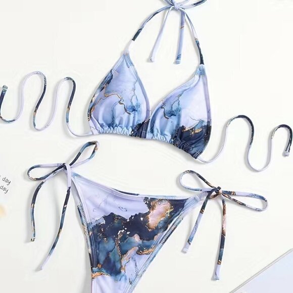 String Bikini with Side Ties, Size Small (Blue White and Gold Marbled) NWT - Picture 5 of 6